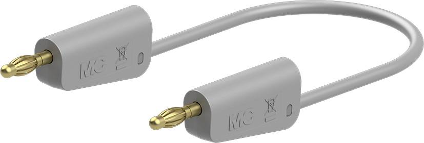 Grauer Lautsprecherkabel-Adapter mit goldenen Kontaktsteckern an beiden Enden zur Verbindung von Audiogeräten.
