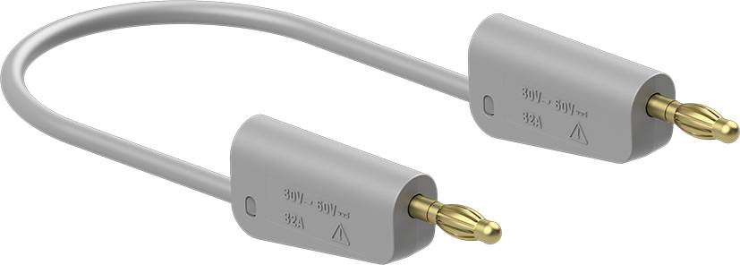 Graues Prüfleitungskabel mit zwei vergoldeten Bananensteckern, gekennzeichnet mit '30V' und '32A', halbkreisförmig gebogen.