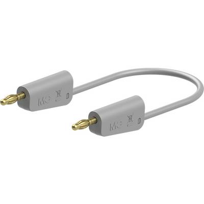Ein graues Lautsprecherkabel mit zwei vergoldeten Steckern, das für die Verbindung von Audiogeräten verwendet wird.