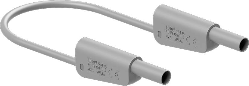Graues Ladekabel mit zwei Steckern und Markierungen für Stromstärke und Spannung.