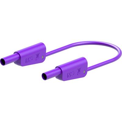 Lila Kabel mit zwei Steckern an den Enden, verbunden durch ein gebogenes Kabel, auf weißem Hintergrund.