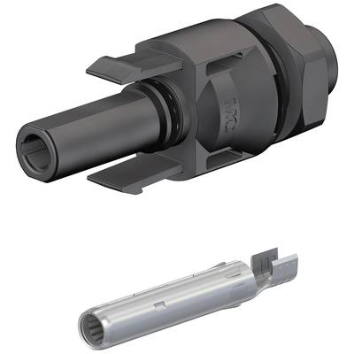 Schwarzer Steckverbinder und metallischer Kontakt, die als elektrische Verbindungskomponenten verwendet werden.