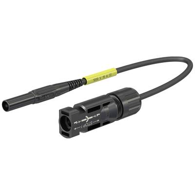 Schwarzes Solarkabel mit Anschlüssen und gelber Markierung '1000 V 30 A'. Geeignet für hohe Spannungen.