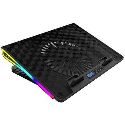 Laptop-Kühlpad mit sechseckigem Muster, RGB-Beleuchtung an den Seiten und einem zentralen Ventilator zur Wärmeableitung.
