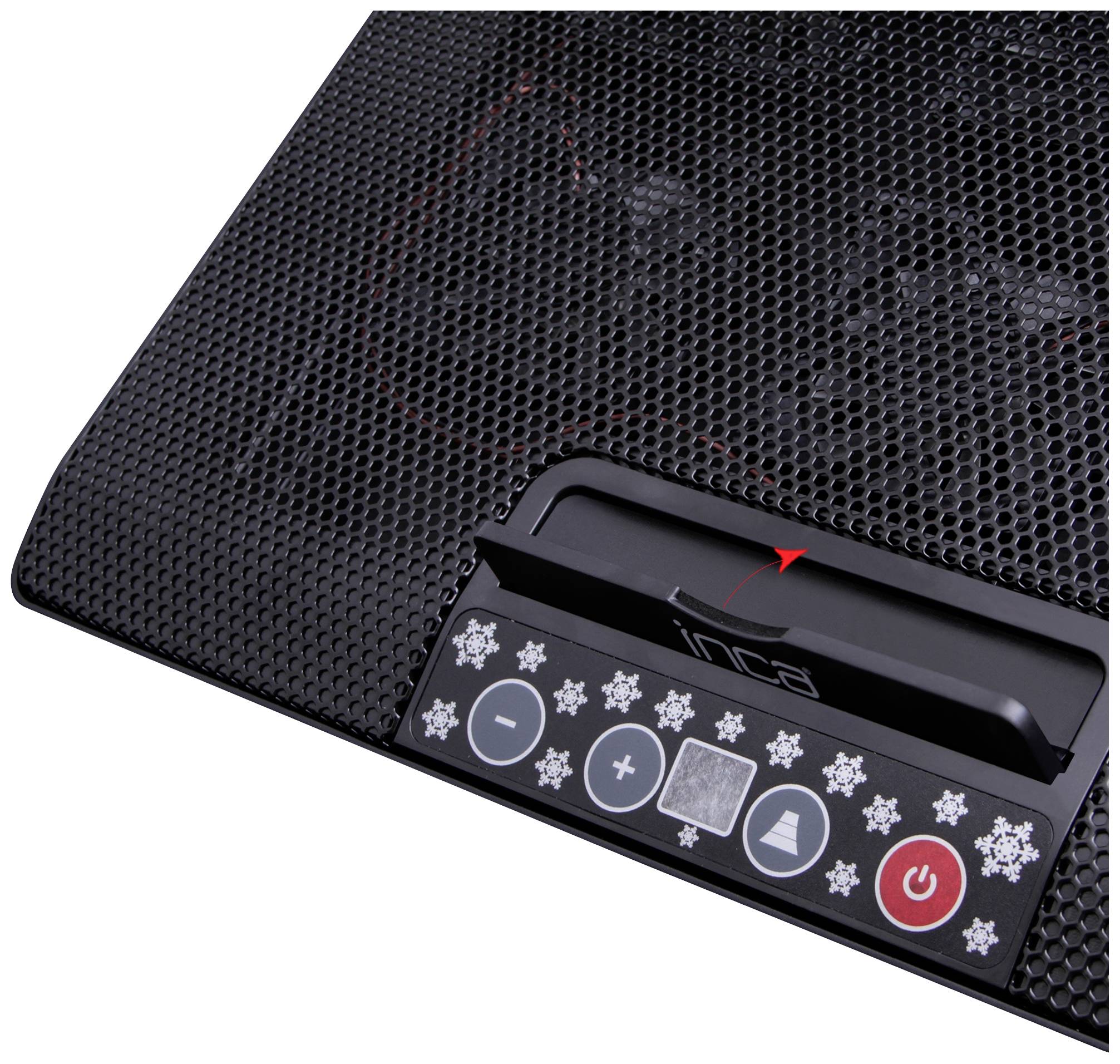 Laptop-Kühler mit schwarzem Gitterdesign, LED-Anzeige und Steuerknöpfen für Belüftung und Lautstärkeregelung.
