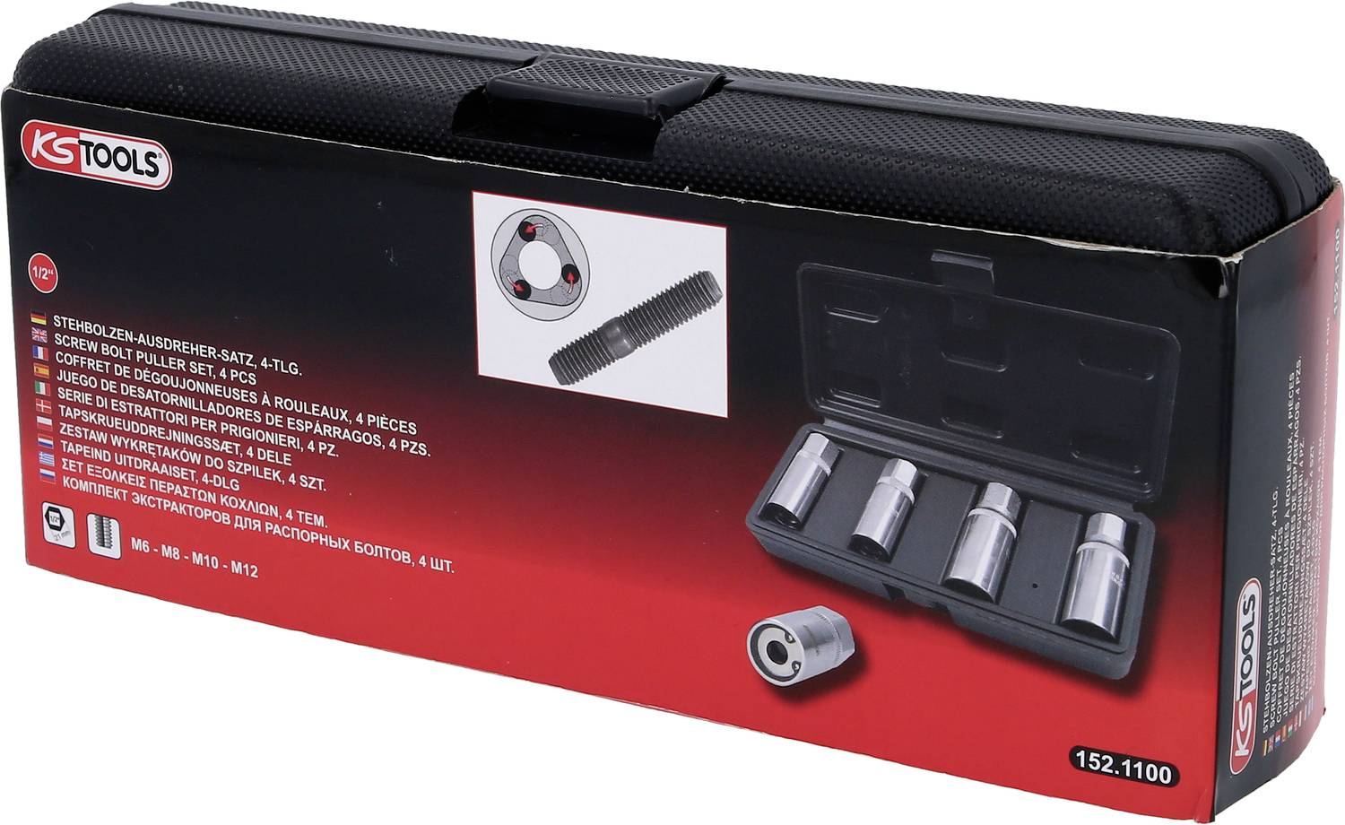 Schwarze Werkzeugkiste von KS Tools mit Aufschrift 'Stehbolzen-Ausdrehsatz 4-tlg.' und Bild von vier Steckschlüsseln im Inneren.