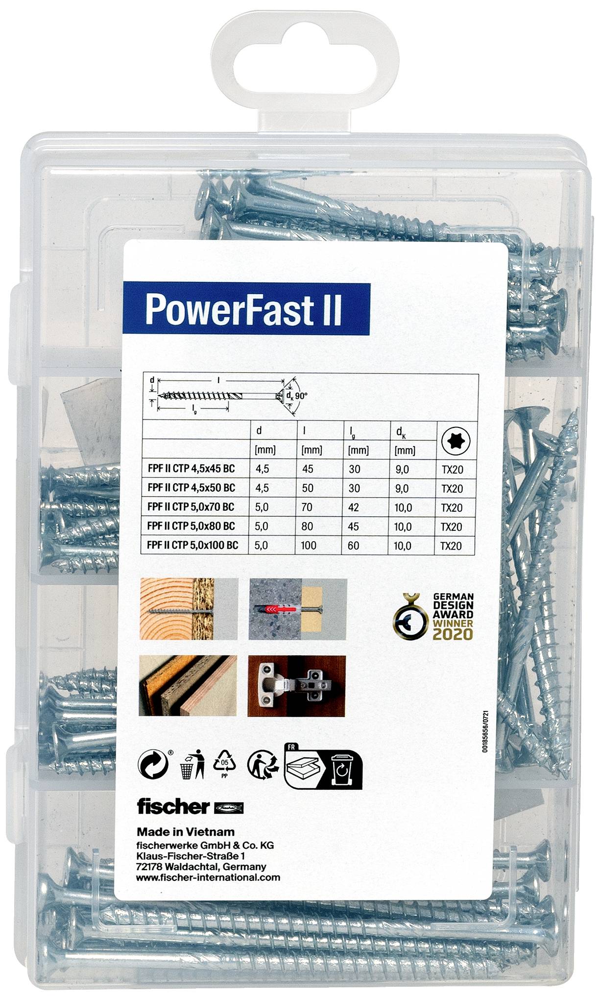 Eine durchsichtige Box mit Schrauben der Marke 'PowerFast II'. Enthält Größentabelle und Abbildungen zur Anwendung der Schrauben.
