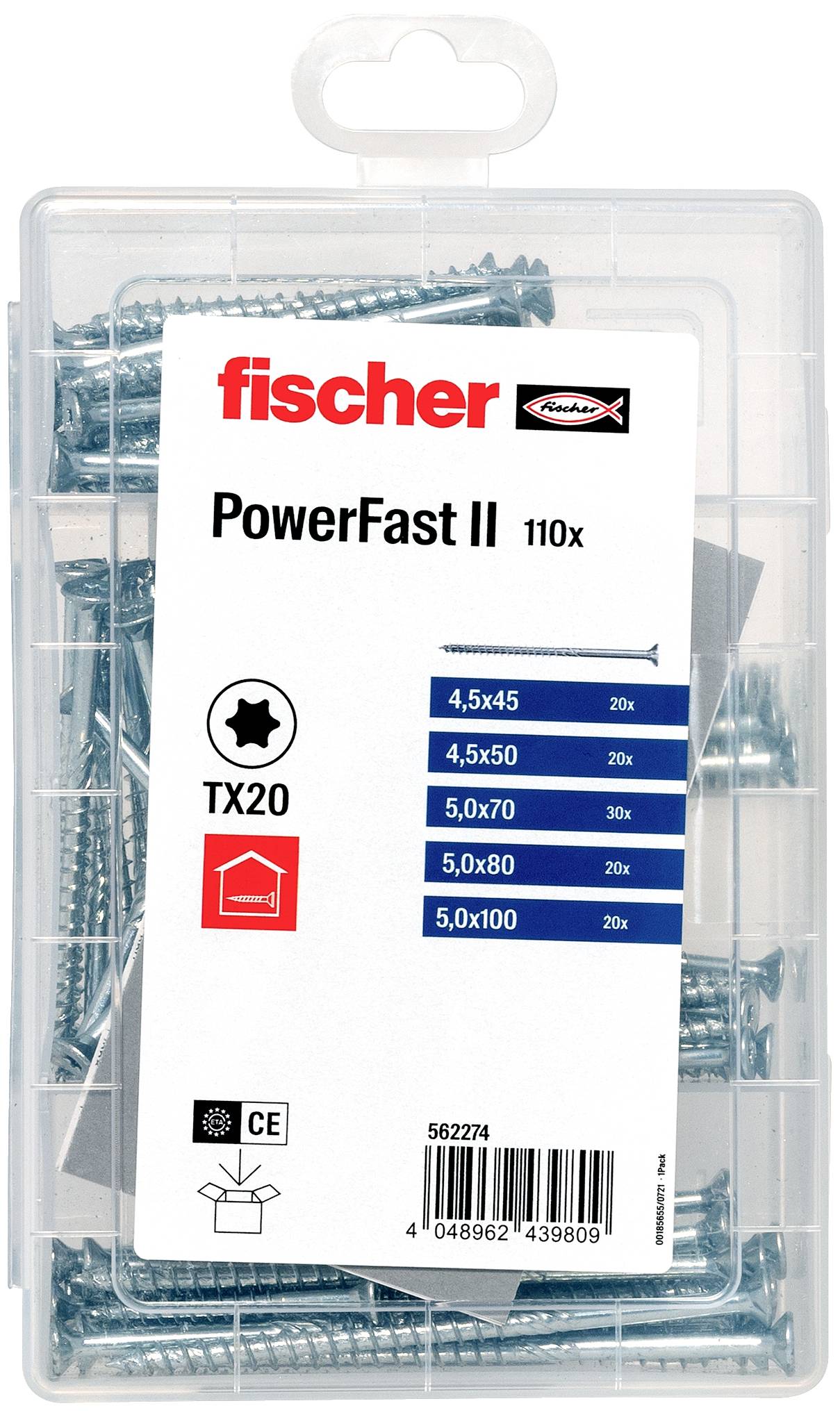 Packung mit 'fischer PowerFast II' Schrauben, 110 Stück. Enthält verschiedene Größen: 4,5x45 bis 5,0x100. Markiert mit TX20.