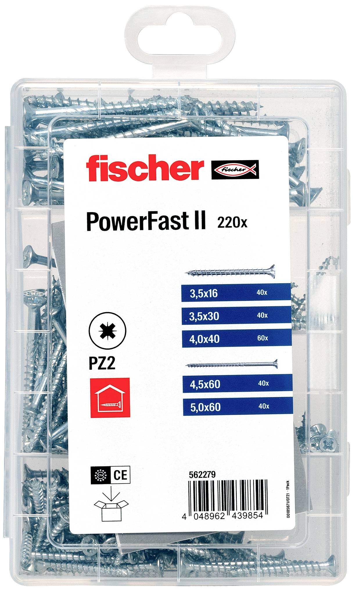Eine Schraubenbox mit der Aufschrift 'fischer PowerFast II 220x'. Enthält Schrauben in verschiedenen Größen und Angaben zu CE-Zertifizierung.