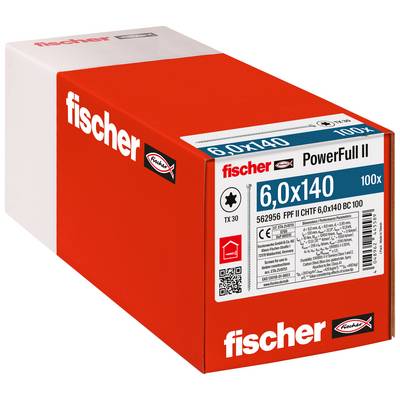 Red Fischer PowerFull II Packung mit 100 Dübeln, beschriftet mit '6,0 x 140' und '100x', vor weißem Hintergrund.