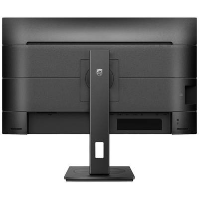 Rückansicht eines schwarzen Computerbildschirms mit stabilem Standfuß und Kabelmanagement.