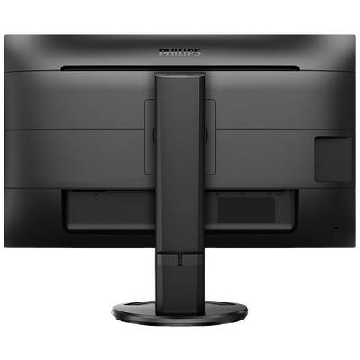 Ein schwarzer Computermonitor von hinten gesehen. Das Design ist schlicht und funktional, mit einem verstellbaren Standfuß.