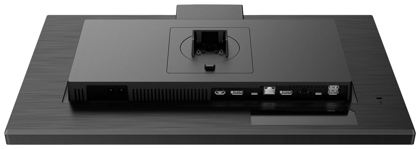 'Bildrückseite eines Monitors mit verschiedenen Anschlüssen: HDMI, DisplayPort, USB und Stromanschluss. Montagesockel sichtbar.'
