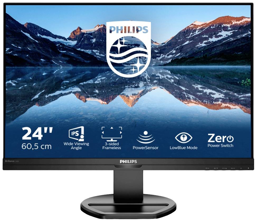 Ein 24-Zoll Philips Monitor mit schmalem Rahmen zeigt ein Landschaftsbild mit Bergen und See. Hervorgehobene Funktionen wie LowBlue Mode und PowerSensor.