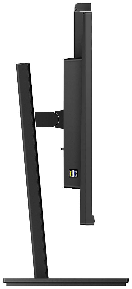 Seitenansicht eines schwarzen Computermonitors auf einem Standfuß, zeigt die schlanke Bauweise und die Höhenverstellbarkeit des Bildschirms.