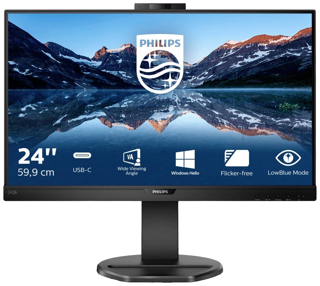 Monitorbildschirm zeigt 'Philips'-Logo über einer Landschaft mit Bergen und See. Verpackungstext: 24'', USB-C, VA, Windows Hello, flimmerfrei, LowBlue-Modus.