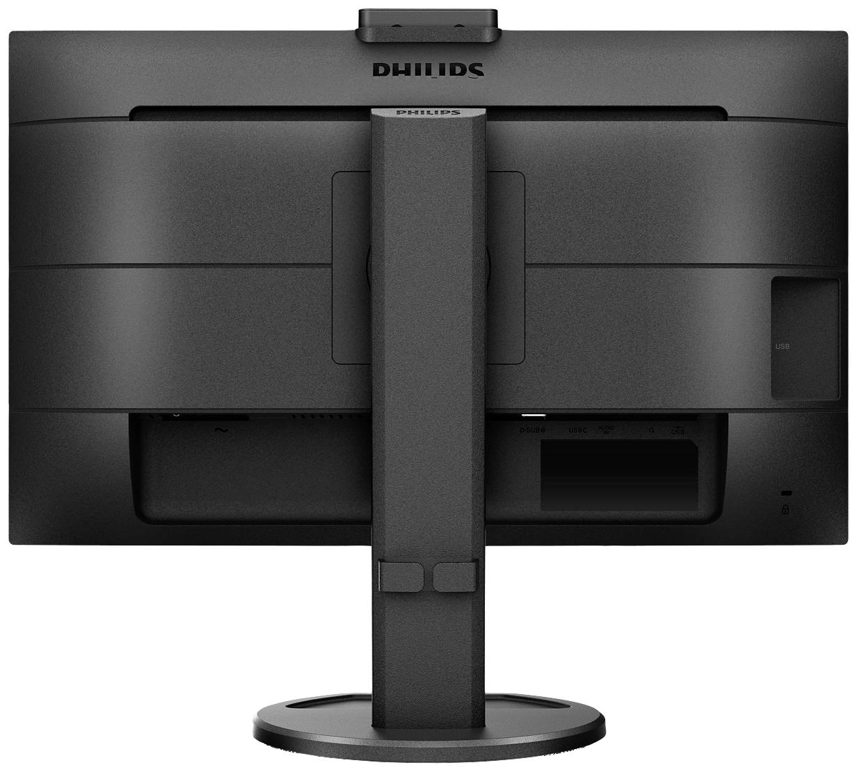 Rückansicht eines schwarzen Philips-Computerbildschirms mit rechteckigem Standfuß und sichtbaren Lüftungsschlitzen.
