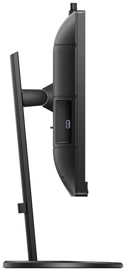 Seitenansicht eines schmalen Computermonitors mit schwarzem Rahmen auf einem Standfuß. Zwei USB-Anschlüsse sind sichtbar.