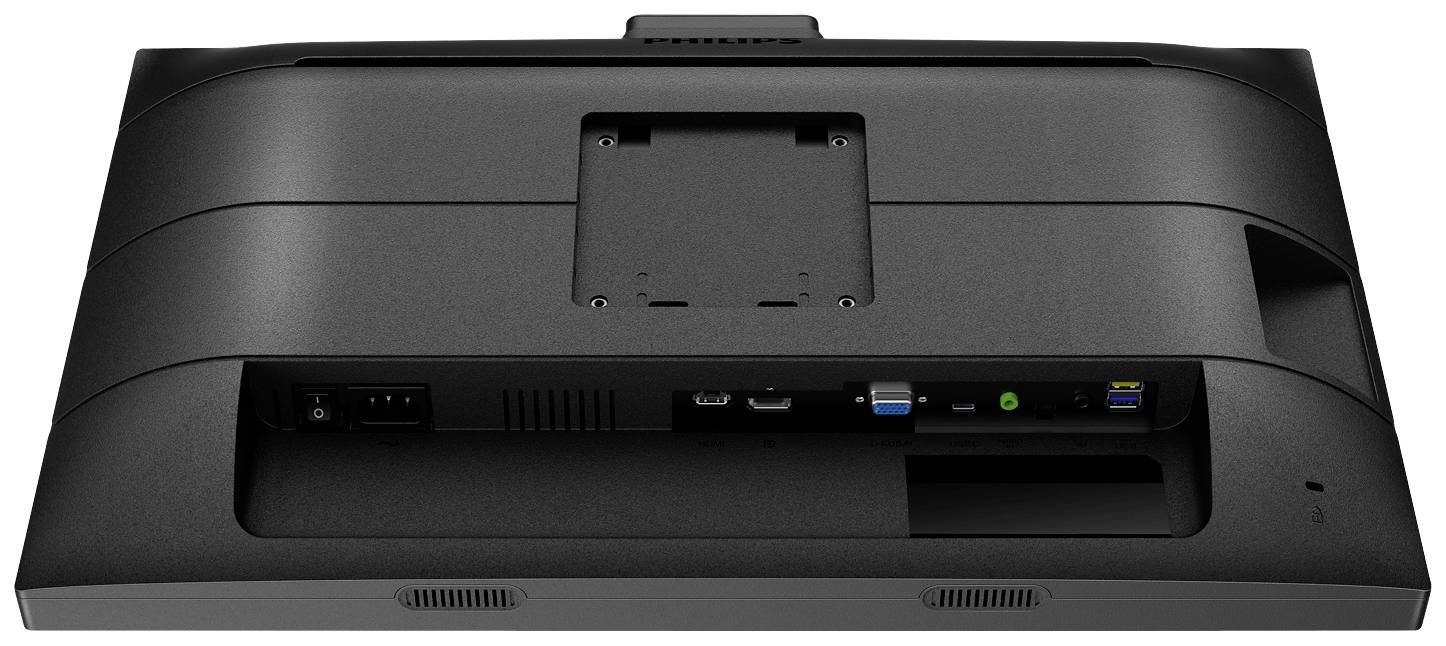 Rückansicht eines Computer-Monitors mit sichtbaren Anschlüssen: Netzteil, HDMI, DisplayPort, USB und Audio-Anschluss.