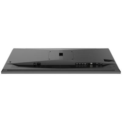 Der Monitor zeigt die Rückseite mit verschiedenen Anschlüssen, darunter HDMI, USB und DisplayPort, sowie Lüftungsschlitze.
