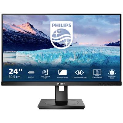 Ein Philips-Monitor mit 24 Zoll Bildschirm, zeigt Eisberge und Berge im Hintergrund. Features unten: USB-C, Augenfreundlichkeit.