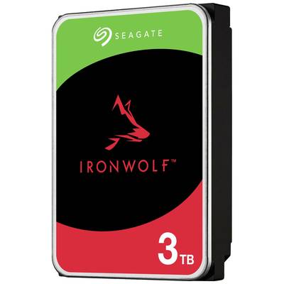 Seagate IronWolf Festplatte, 3 TB. Schwarzes Gehäuse mit grünem und rotem Design, im Hintergrund stilisiertes Wolf-Logo.