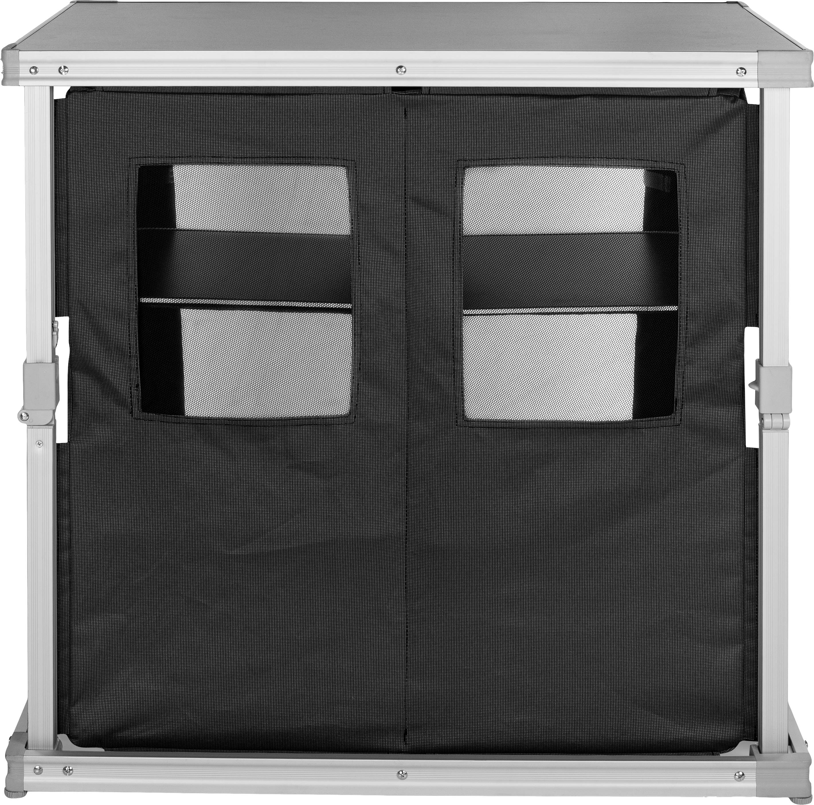 Ein schwarzer Schrank mit zwei transparenten Fenstern an der Vorderseite, um den Inhalt sichtbar zu machen.