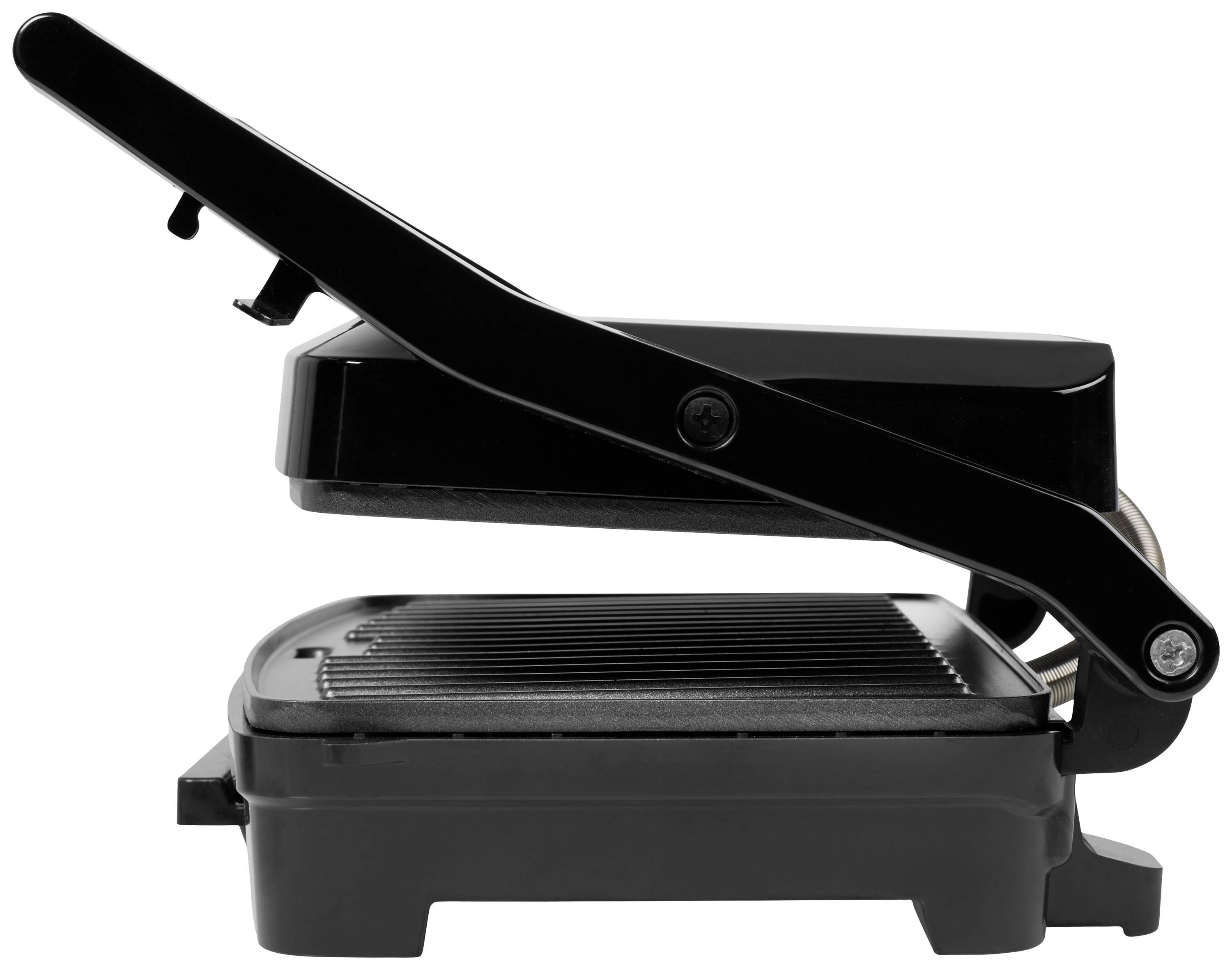 Ein schwarzer, offener Panini-Grill mit geriffelter Grillfläche, bereit zum Grillen, auf weißem Hintergrund.