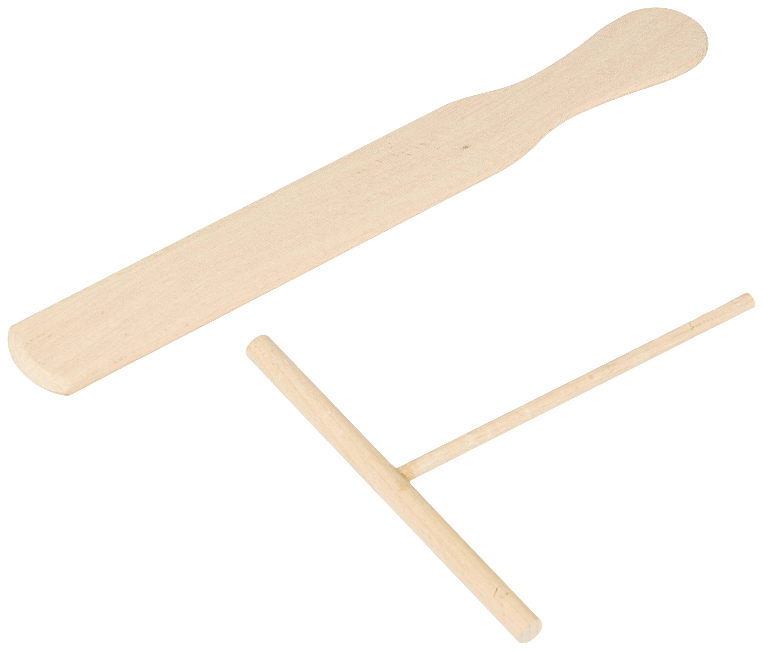 Holzwerkzeuge: Ein Crêpe-Spatel und ein Teigverteiler aus hellem Holz, verwendet zum gleichmäßigen Verteilen und Wenden von Crêpes.