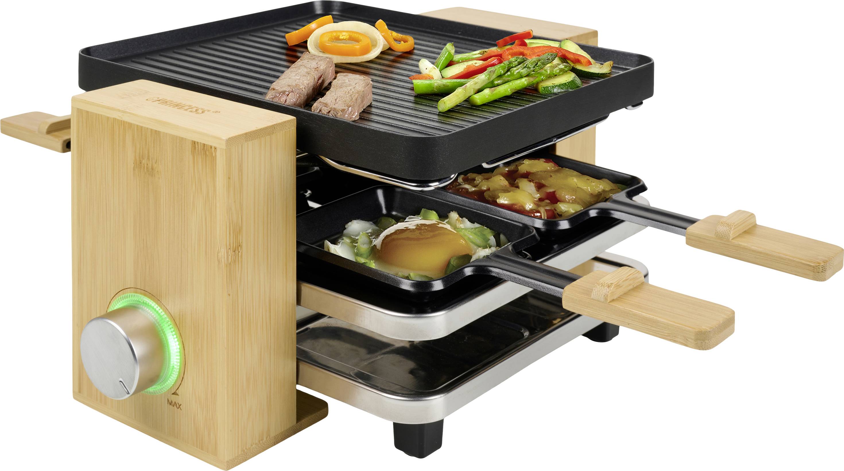 Princess Raclette Pure 4 in Bambus  800W, Thermostat, Pfnnchen, Spatel,  fr bis zu 4 Personen kaufen