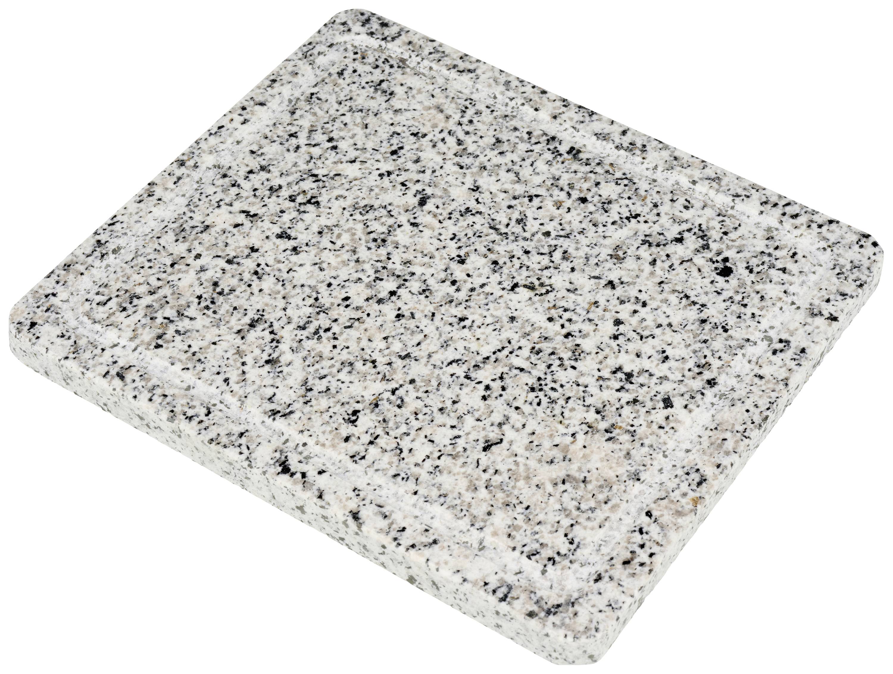Schneidebrett aus Granit mit gesprenkeltem Muster aus grauen, schwarzen und beigen Tönen.