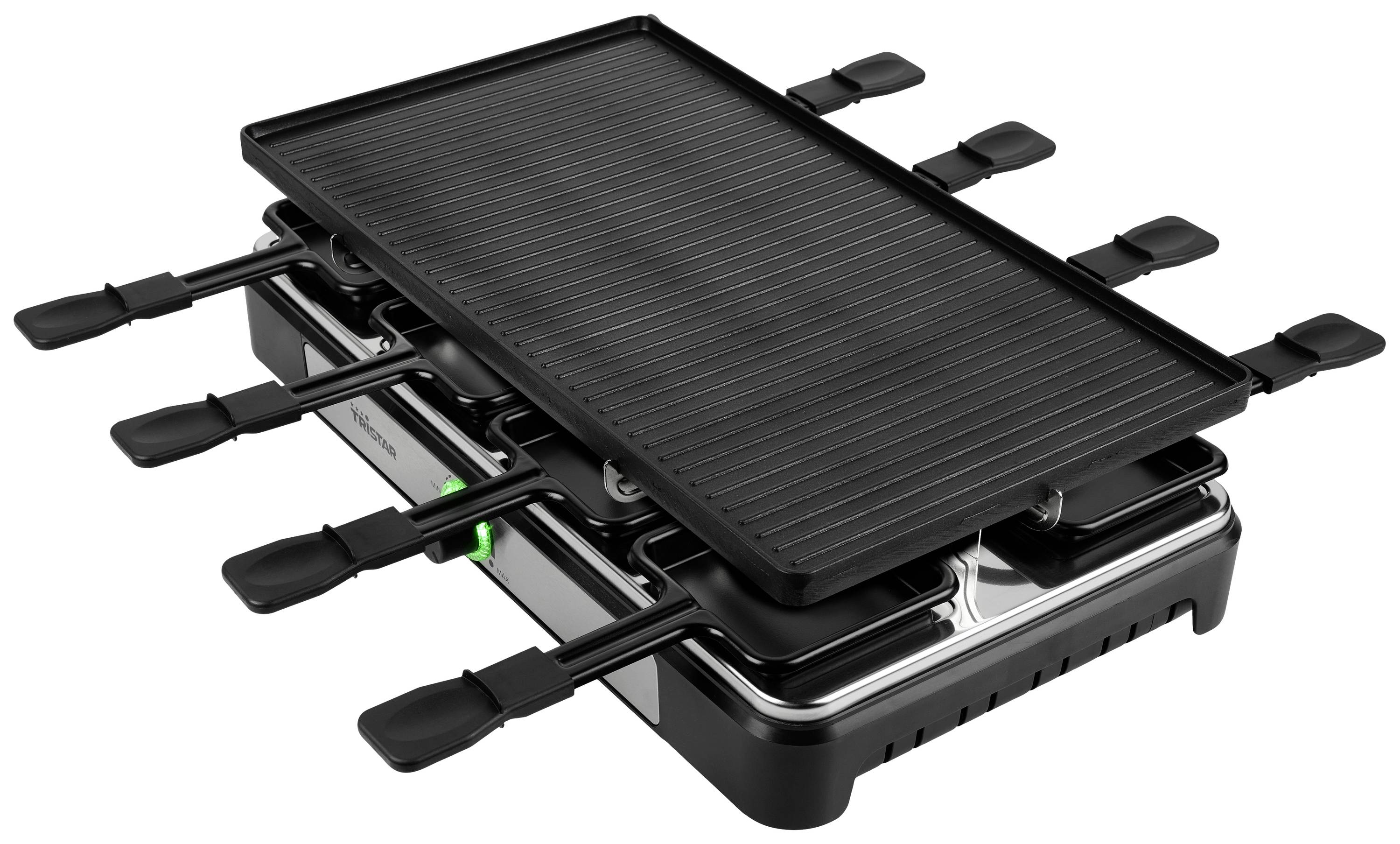 Raclette-Grill mit mehreren Pfännchen und antihaftbeschichteter Grillplatte. Geeignet für gemeinschaftliches Kochen und Grillen.