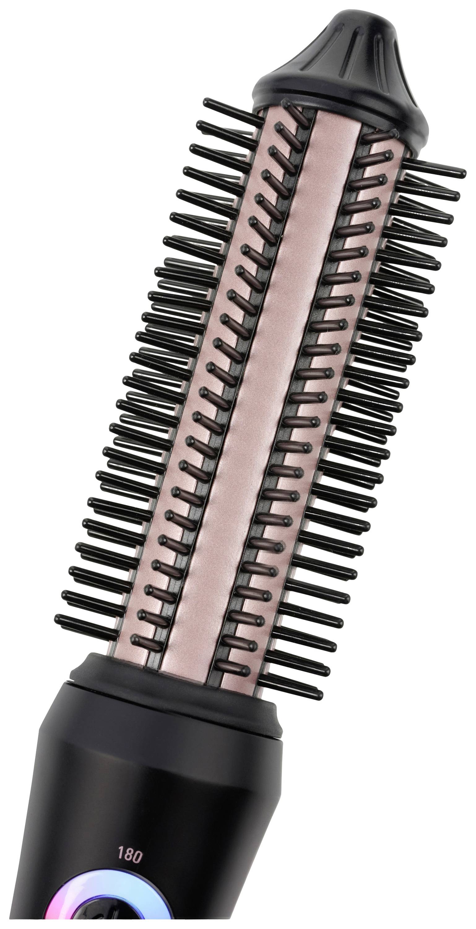 Schwarze elektrische Haarbürste mit rotierenden Borsten und Temperaturskala am Griff für Styling und Pflege der Haare.