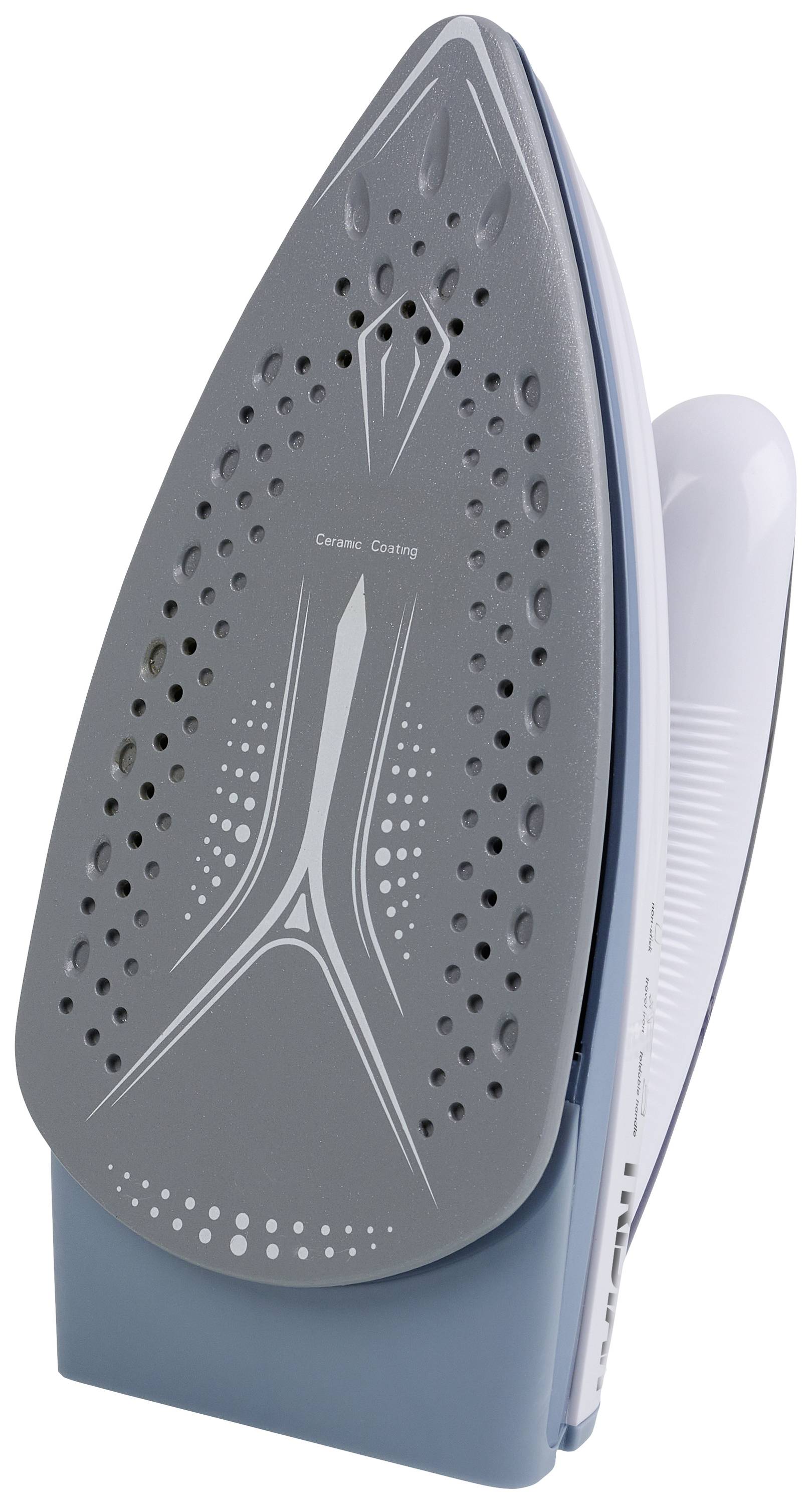 Bügeleisen mit keramikbeschichteter Sohle, steht aufrecht. Mehrere Dampfaustrittslöcher verteilen sich gleichmäßig über die Fläche.