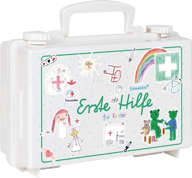 Ein Erste-Hilfe-Kasten für Kinder, verziert mit bunten Zeichnungen von einem Regenbogen, Plüschtieren, einem Herz und medizinischen Symbolen.