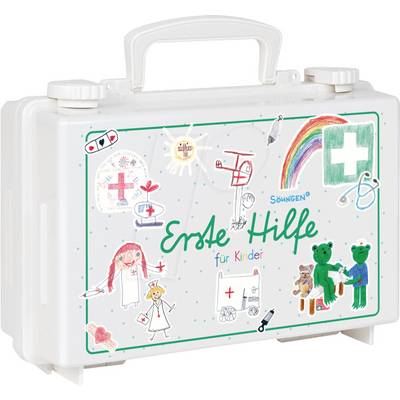 'Erste-Hilfe-Set für Kinder' mit bunten Zeichnungen von Regenbogen, Teddybären und roten Kreuzen auf der Vorderseite.