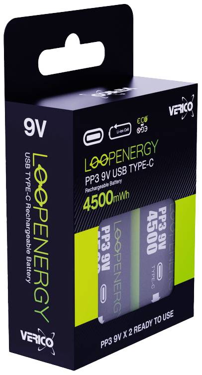 Verpackung einer wiederaufladbaren 9V-Batterie mit USB Typ-C Ladeanschluss, Marke Vertico, Kapazität 4500mWh, sofort einsatzbereit.