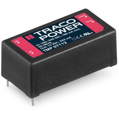 Rechteckiger Spannungswandler von Traco Power mit rot-schwarzem Etikett. Eingang: 100-240VAC, Ausgang: 12VDC, 0,83A. Modell: TMP 07112.
