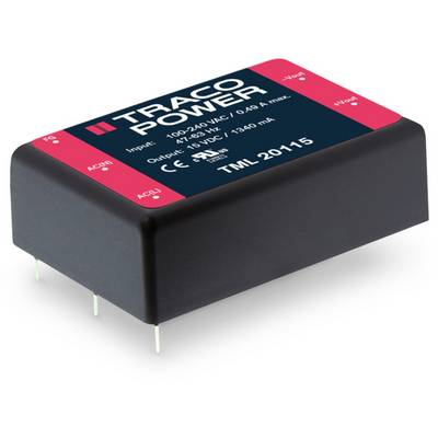 'Traco Power' Wandlermodul, Eingabe: 100-240 VAC, 0,4 A; Ausgabe: 5 VDC, 3.000 mA. Modell TML 20115, schwarze, rechteckige Form.