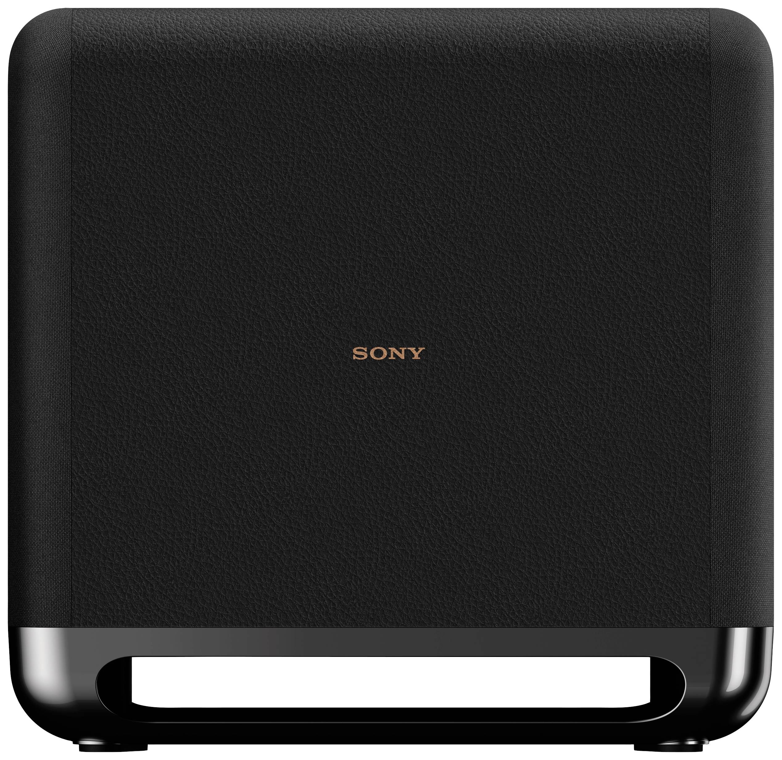Ein schwarzer, quadratischer Lautsprecher von Sony mit glänzendem Bodenabschnitt und dem Markennamen in der Mitte.