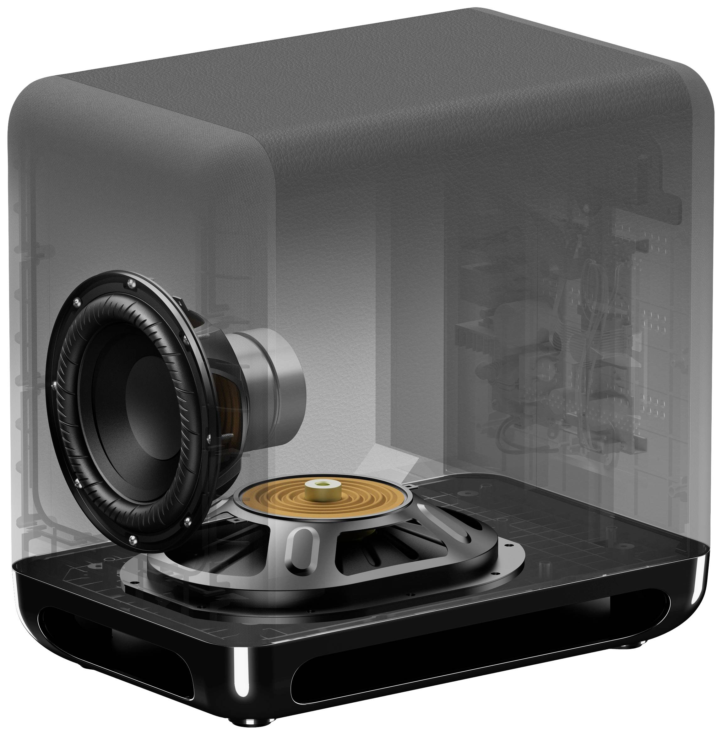 Ein transparenter Subwoofer zeigt innenliegende Komponenten und Struktur, darunter einen großen Lautsprecher und Spulen.