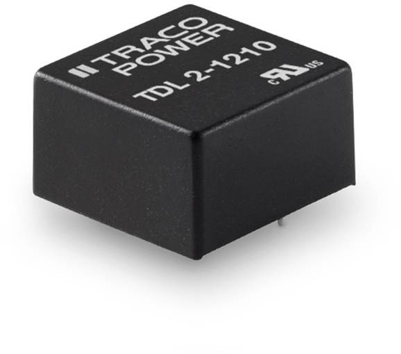 Schwarze elektronische Komponente mit der Aufschrift 'TRACO POWER TDL 2-1210'. Quadratisches Gehäuse mit zwei Anschlussstiften.