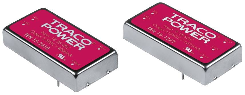 Zwei metallene elektronische Bauteile mit roter Aufschrift 'TRACO POWER', Modellnummern 'TEN 15-2410' und 'TEN 15-1222', auf weißem Hintergrund.