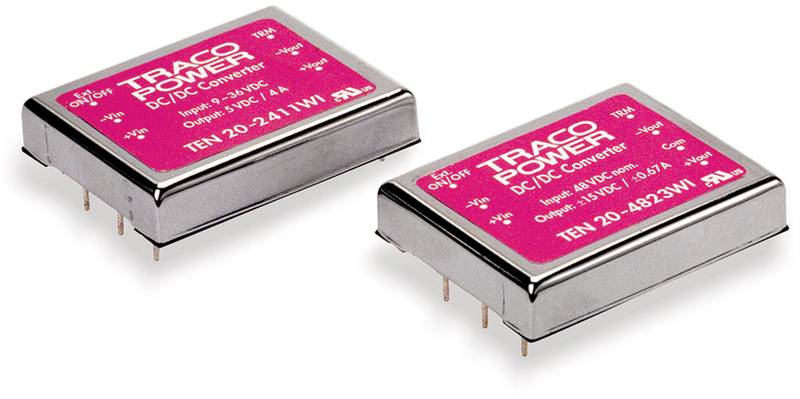 Zwei TRACO POWER DC/DC-Wandler, Modelle TEN 20-2411WI und TEN 20-4823WI, auf weißem Hintergrund, mit rotem Etikett.