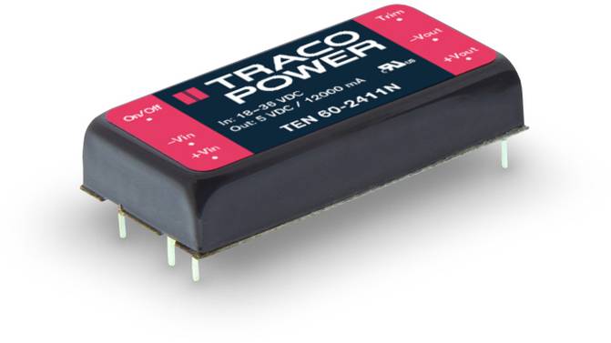 DC-DC-Wandler von Traco Power, Modell TEN 80-2411N, deckt Eingangsspannungen von 18-36 VDC ab, Ausgang: 12 VDC, 7.200 mA.