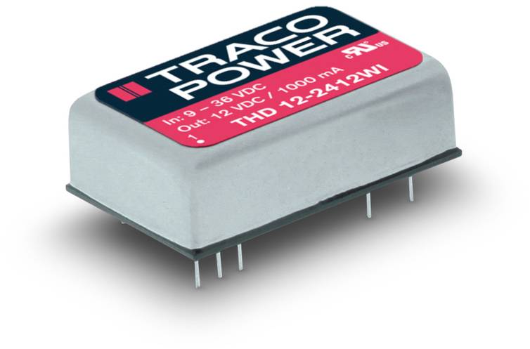 Ein Rechtecktransformator von Traco Power, Modell THD 12-2412WI, mit Eingang 9-36VDC und Ausgang 12VDC/1000mA, auf Metallstiften montiert.