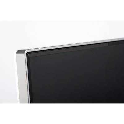 Ecke eines modernen Computermonitors mit dünnem Rahmen gegen einen neutralen Hintergrund.