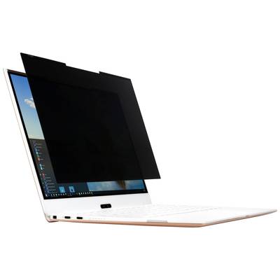 Ein weißer Laptop auf einem Tisch mit einem angebrachten schwarzen Bildschirmschutz, der den Bildschirminhalt vor seitlichen Blicken schützt.