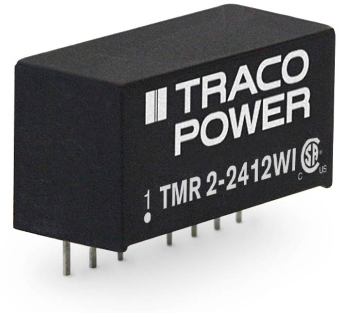Ein schwarzer elektronischer Bauteil mit der Aufschrift 'TRACO POWER 1 TMR 2-2412WI'. Es hat mehrere Anschlusspins an der Unterseite.