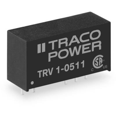 Schwarzer elektronischer Bauteil mit Aufdruck 'TRACO POWER TRV 1-0511'. Rechteckig, mit mehreren Stiften auf der Unterseite.
